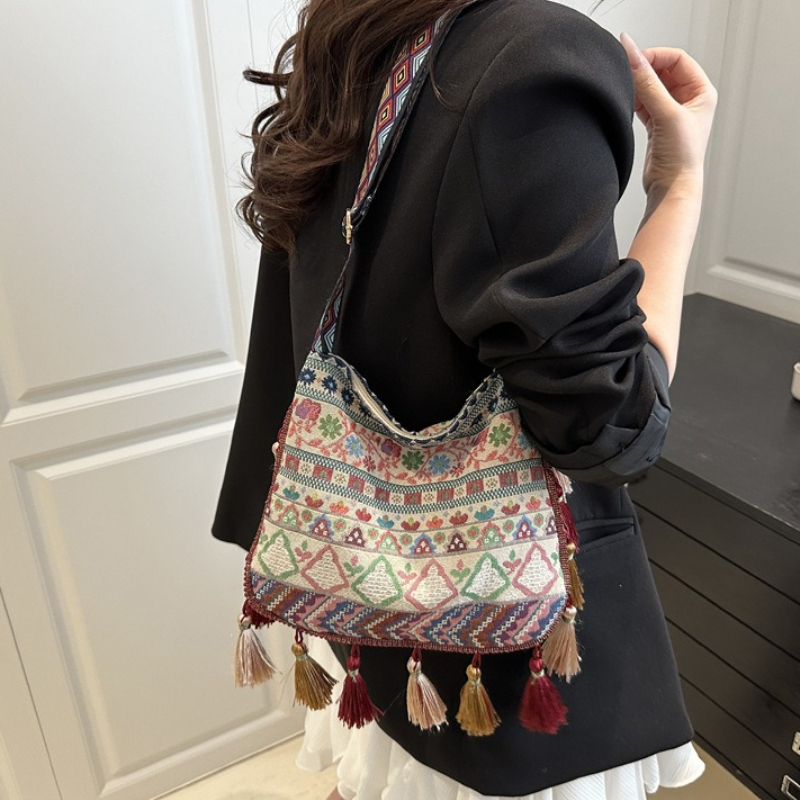 Ethnic Boho Fashion - Boho Ethno-Muster Quasten-Umhängetasche für Damen, Breiter