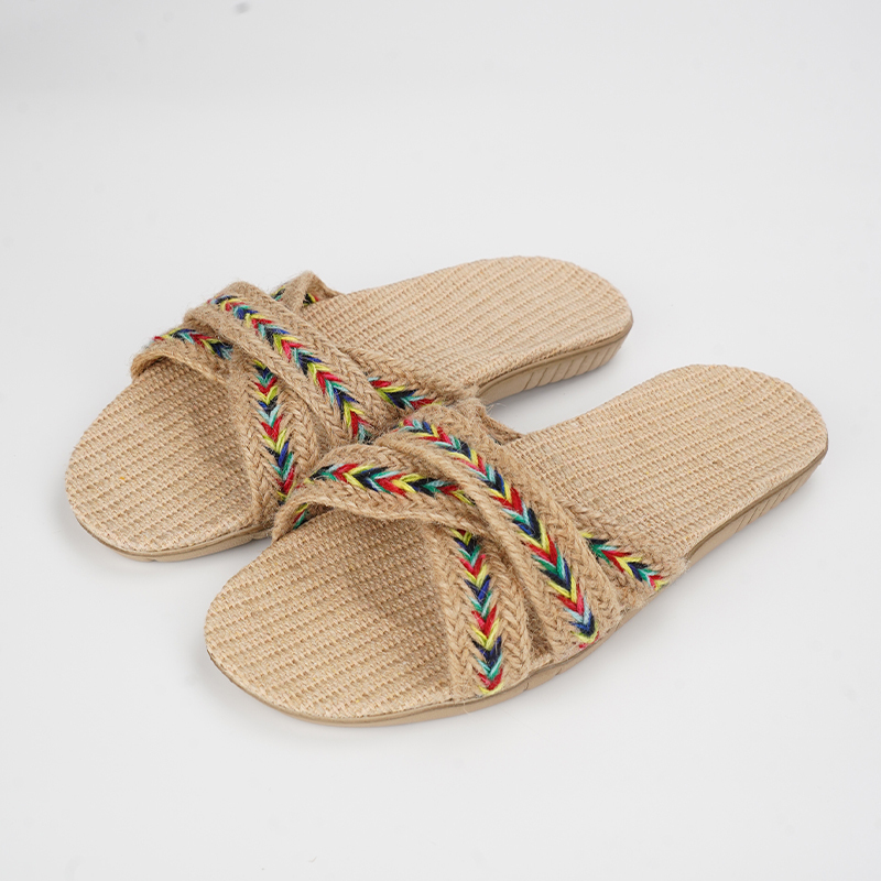 Ethnic Boho Fashion - SHAJI Sommer Damen Leinen-Hausschuhe; Leichte rutschfeste